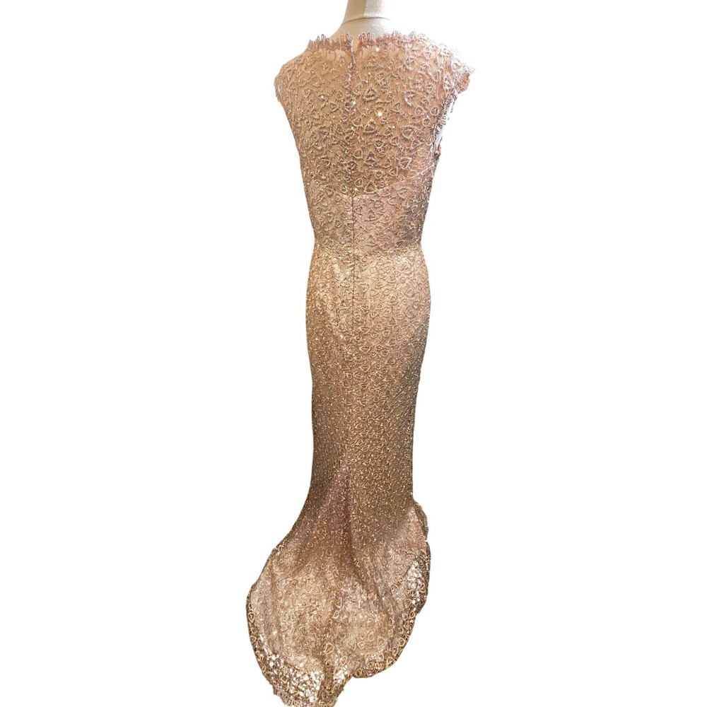Rose Gold Sequin Floral Lace Mermaid Evening Gown‎ Boat Neck Sleeve Maxi Dress